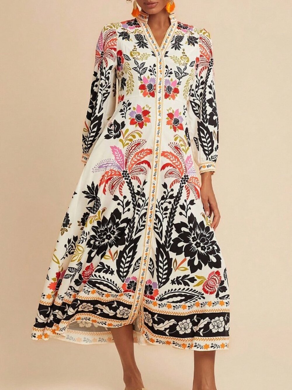Khaki Boho Women's Palm Tree Print Long Sleeve Button Down Casual Midi Dress - Picture 4 of 6